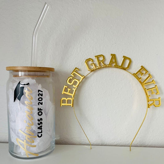 GRAD BUNDLE - PERSONALIZED GLASS CAN & HEADBAND