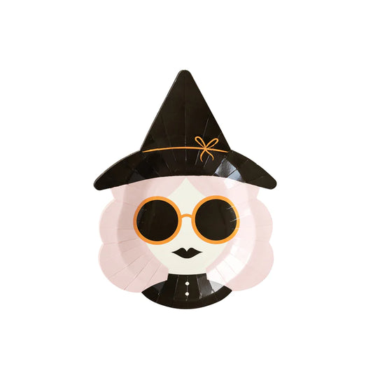 HEY PUMPKIN PINK WITCH SHAPED PAPER PLATE