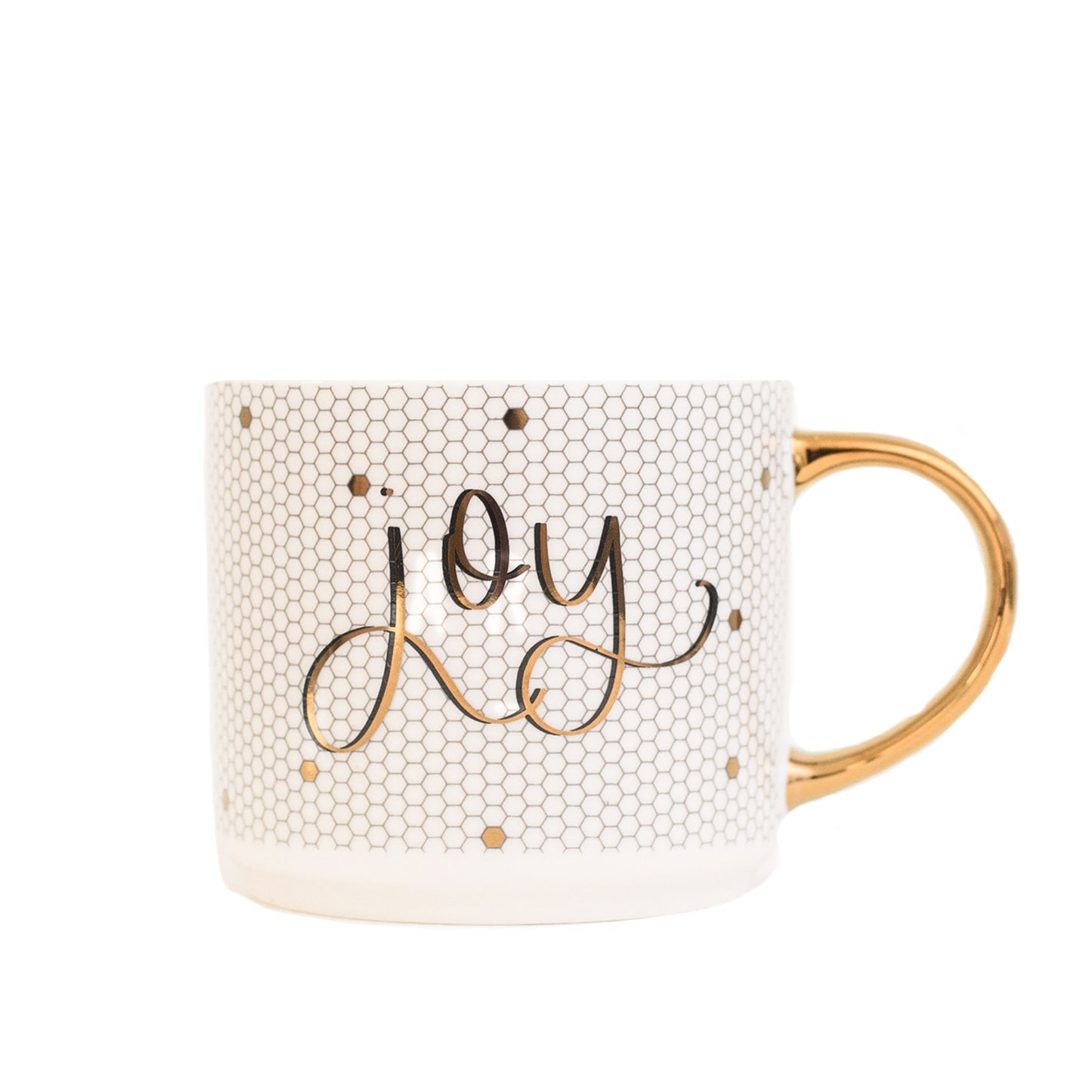 JOY - GOLD, WHITE TILE HAND LETTERED COFFE MUG