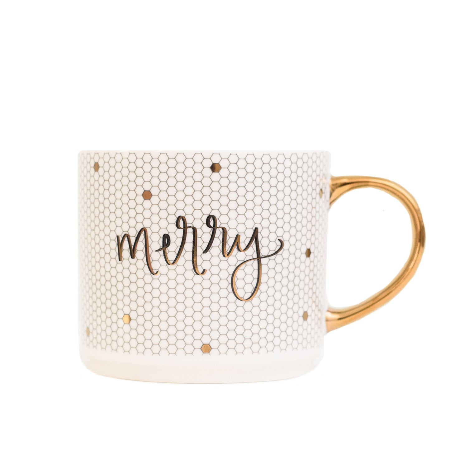 MERRY - GOLD, WHITE TILE HAND LETTERED COFFE MUG